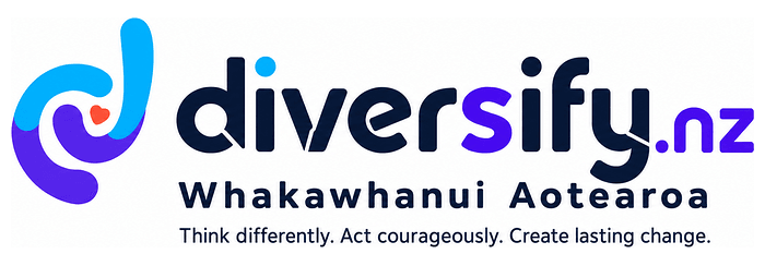 **Alt text:** Horizontal diversify.nz logo featuring a flowing turquoise and purple lowercase “d” with a small red heart, alongside the navy and purple wordmark. Beneath are "Whakawhanui Aotearoa” and the strapline, “Think differently. Act courageously. Create lasting change.”