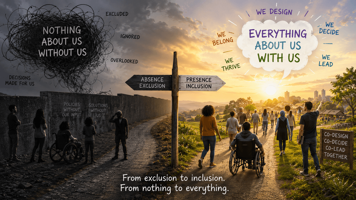 Conceptual split-scene illustration contrasting exclusion with inclusion. On the dark left, disabled people stand beside barriers beneath the words “Nothing About Us Without Us”. On the bright right, a diverse community, including wheelchair users, travels towards a welcoming landscape beneath “Everything About Us With Us”. A signpost points from absence and exclusion towards presence and inclusion.
