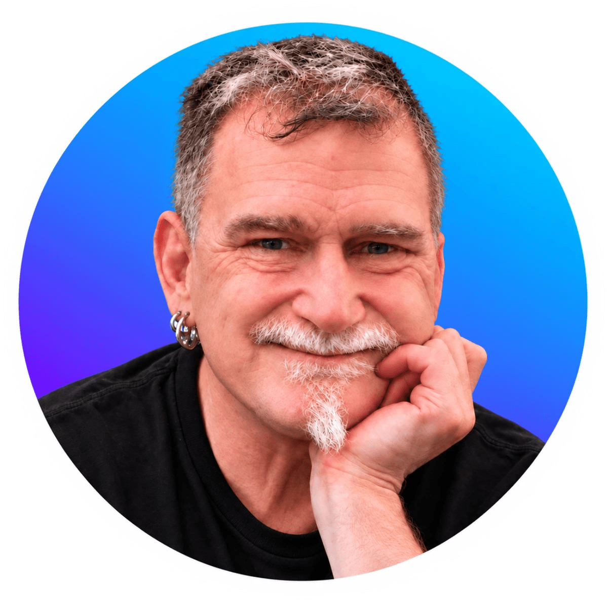 Headshot of Pip on blue background with white concentric circles