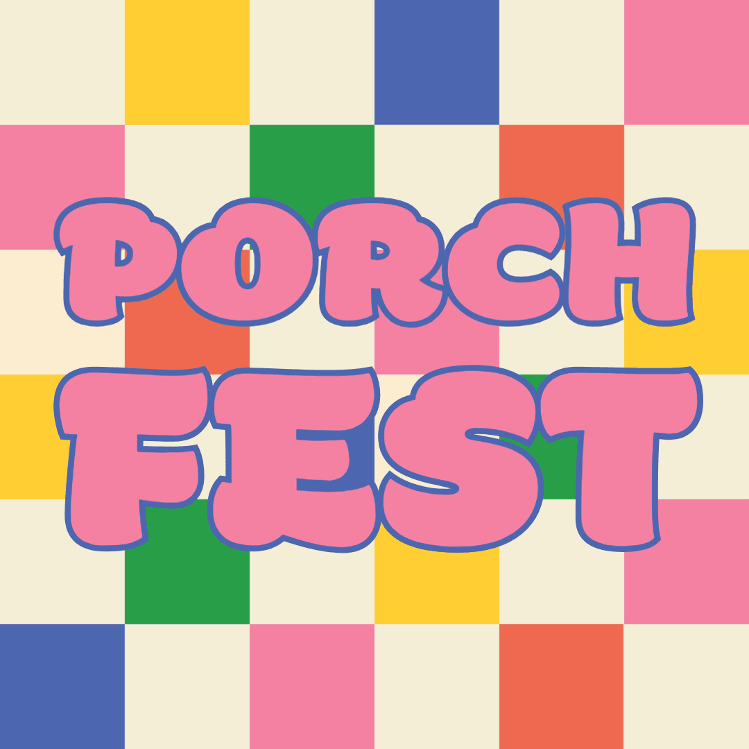 Porchfest on colorful checkered background