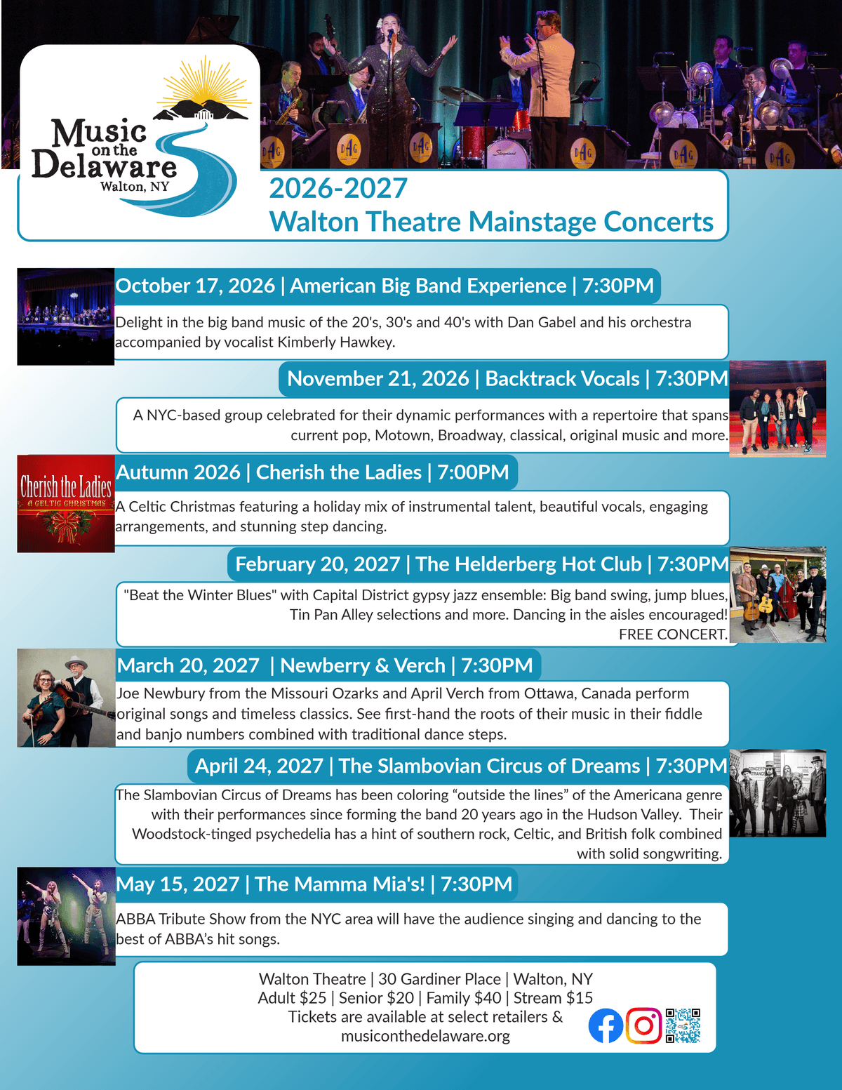 A concert schedule flyer for Walton Theatre Mainstage Concerts during 2026-2027, listing seven events with dates, times, and brief descriptions of each performance. The flyer features a header with a band photo, event details in blue and red text boxes, and ticket information at the bottom, highlighting diverse music genres and free admission for the February 20 event.