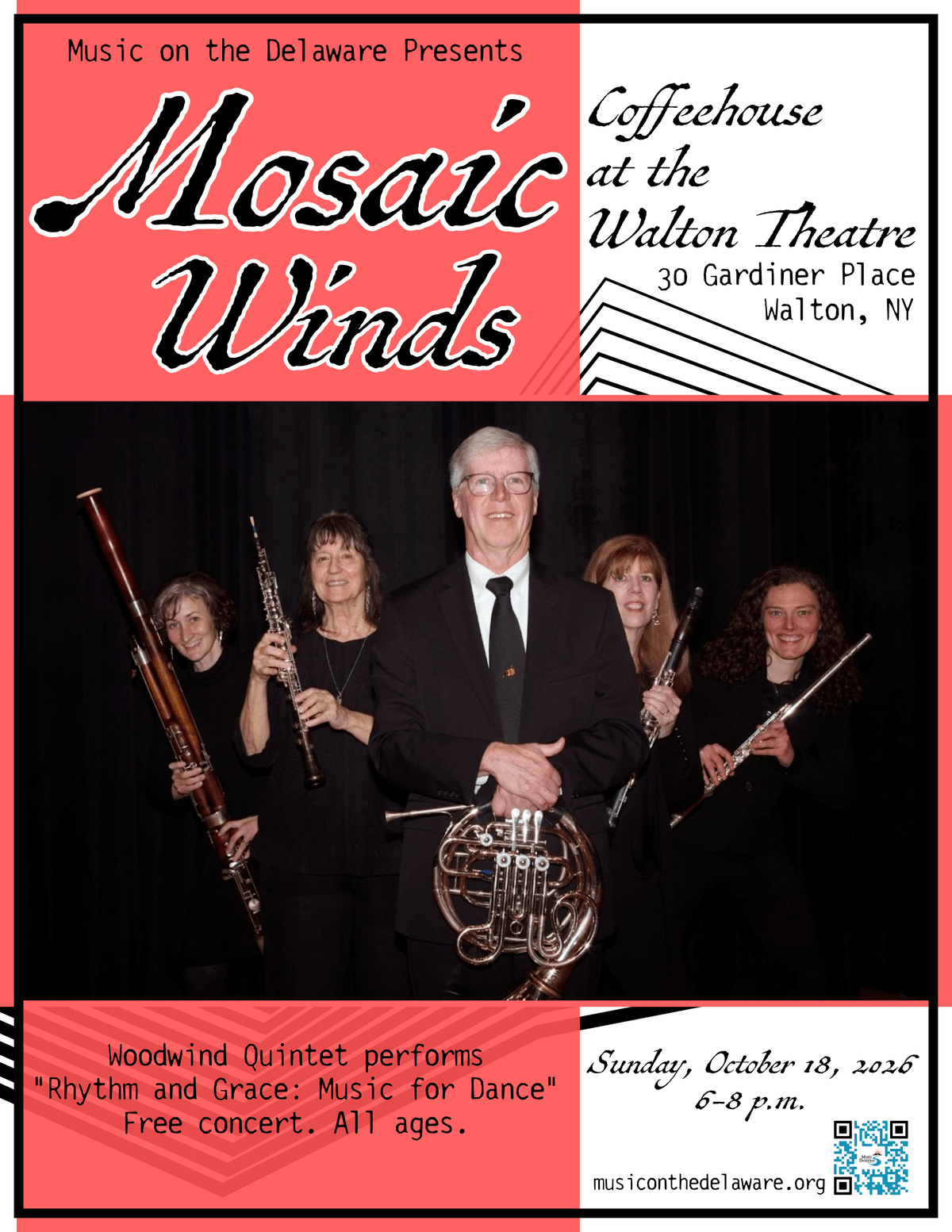Concert poster advertises Music on Delaware Presents: Mosaic Winds at Coffeehouse at Walton Theatre, featuring a five-member woodwind quintet in a group photograph. Red, black, and white layout lists “Rhythm and Grace: Music for Dance,” a free concert for all ages, scheduled Sunday, October 18, 2015, 6–8 p.m., at 30 Gardiner Place, Walton, NY, with website and QR code.