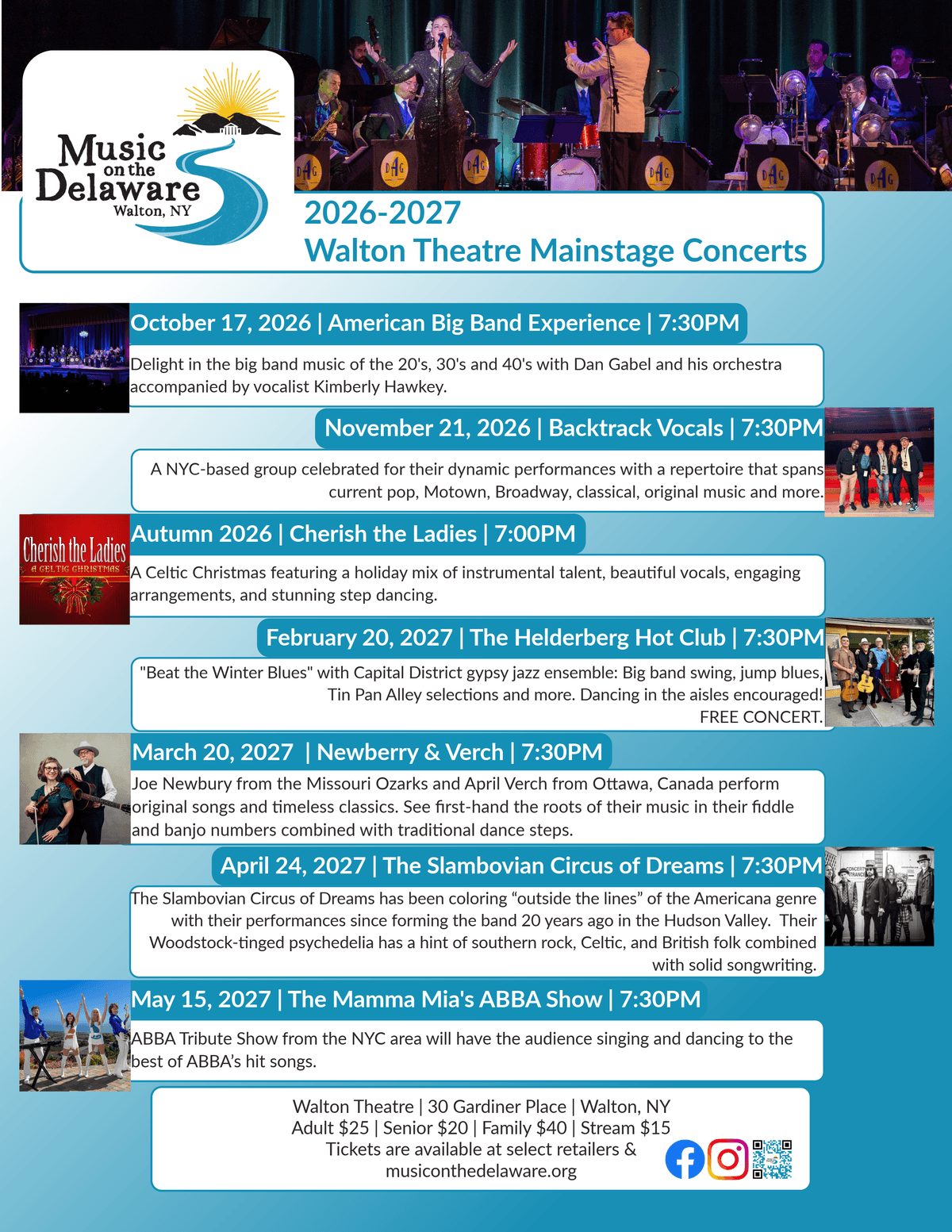 A concert schedule flyer for Walton Theatre Mainstage Concerts during 2026-2027, listing seven events with dates, times, and brief descriptions of each performance. The flyer features a header with a band photo, event details in blue and red text boxes, and ticket information at the bottom, highlighting diverse music genres and free admission for the February 20 event.