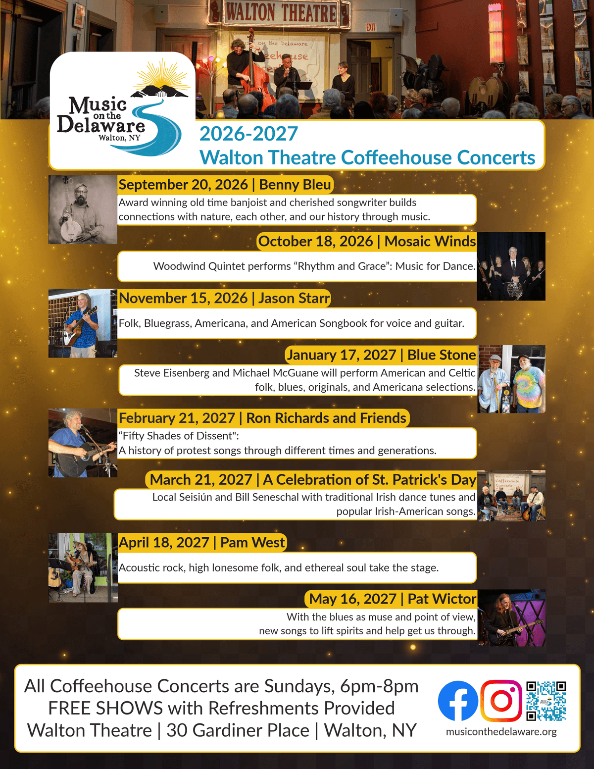 Photograph of a concert event poster for Walton Theatre Coffeehouse Concerts 2026-2027, listing dates, performers, and music genres from September 2026 to May 2027. The poster features a logo with a sun and river, performer photos, and descriptions of each show, highlighting free Sunday evening concerts with refreshments at Walton Theatre in Walton, NY.