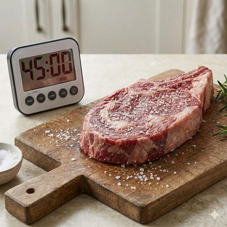 準備料理前至少45分鐘，均勻在牛排兩面撒上粗海鹽