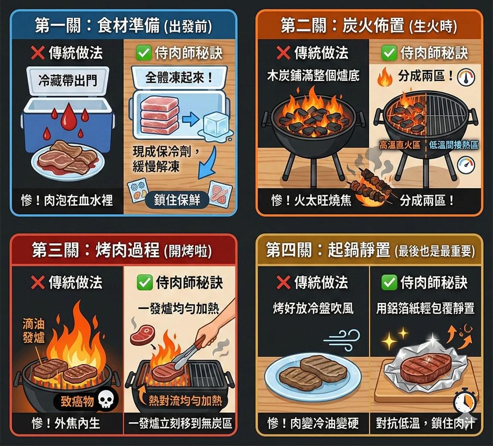 為了方便大家在營區沒有訊號時也能快速查閱，侍肉師整理了戶外炭烤的保命圖表：