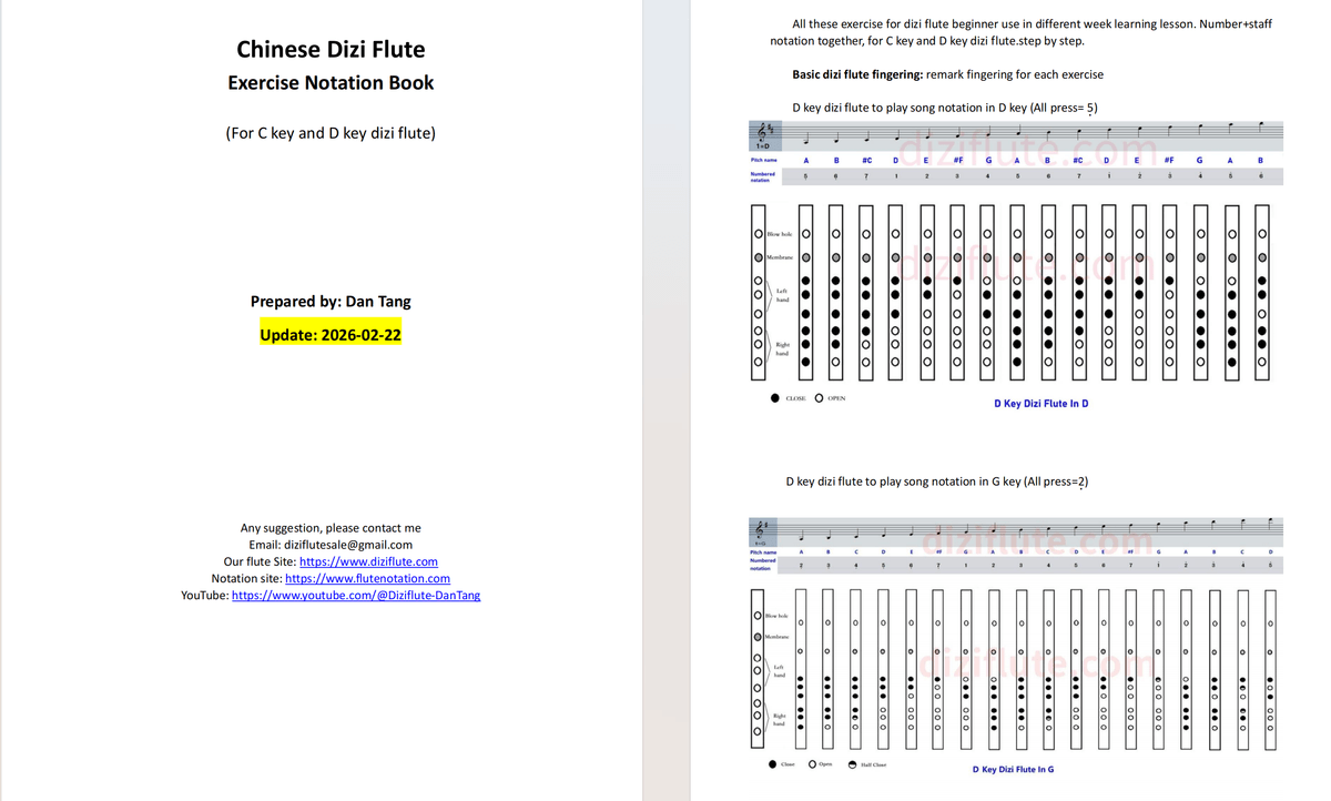 C key+D Key Dizi Flute Learning Exercise Notation Book (Step by step for beginner)