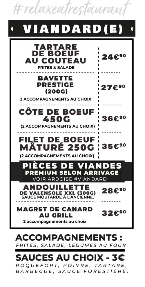 Carte des viandard(e)s du restaurant Relax'Eat à Manosque, 04100