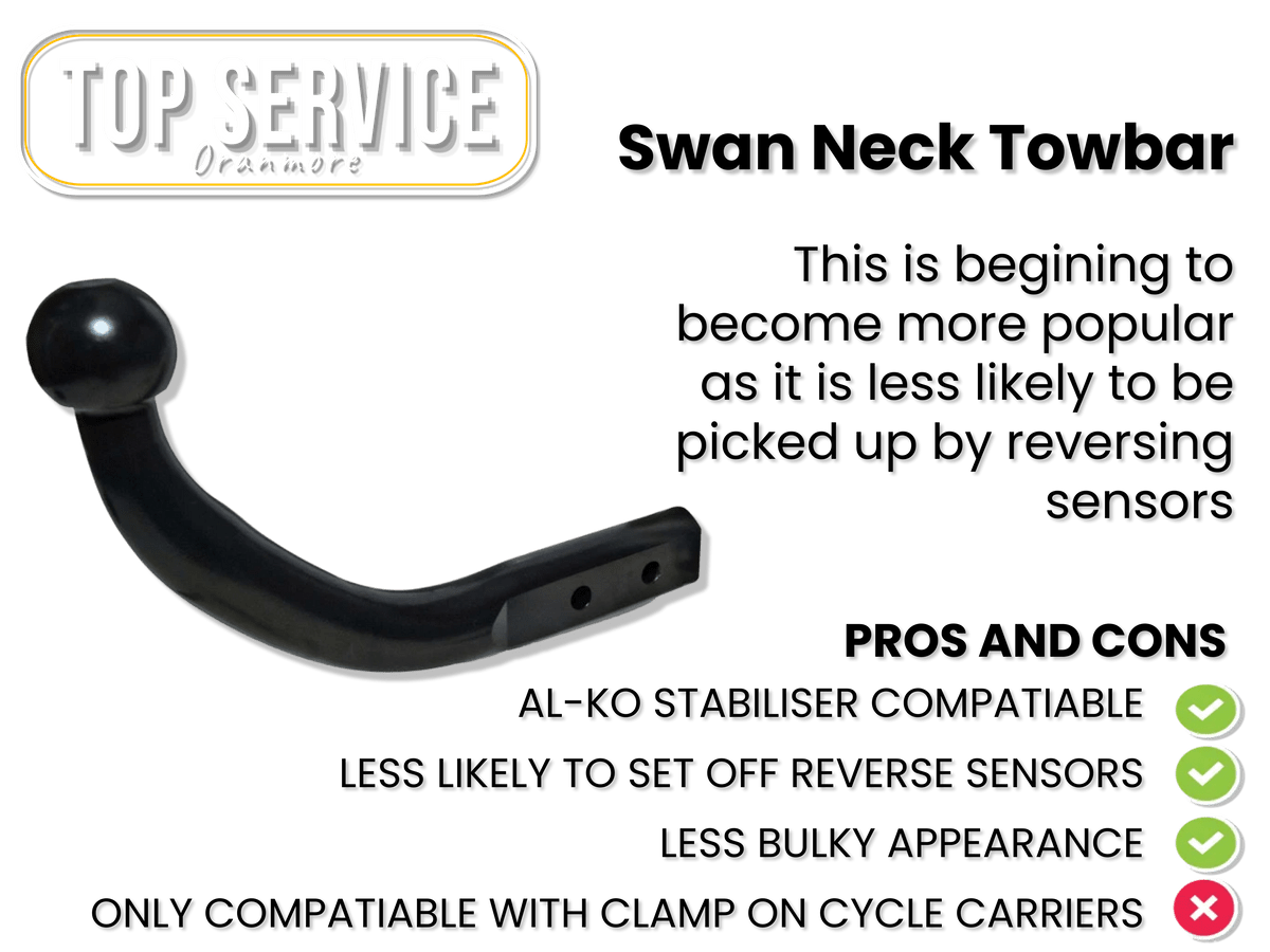 "Swan neck towbar fitted to a vehicle, designed for streamlined towing with limited attachment options."