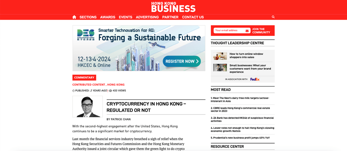 Coverage in Hong Kong Business for Charles Russell Speechlys