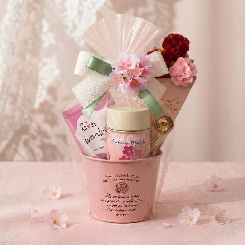 Mother’s Day Sakura Matcha Ritual Gift Set by WACHA｜Botanical pairing of sakura and rose with pink matcha, vegan sweets, and measuring spoon