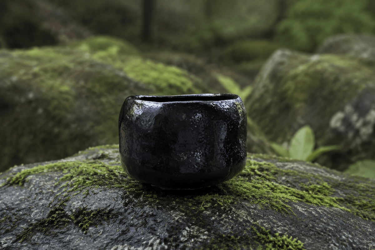 A black Raku tea bowl by Hanasennin (Nagakazu Kato), placed on a moss-covered rock