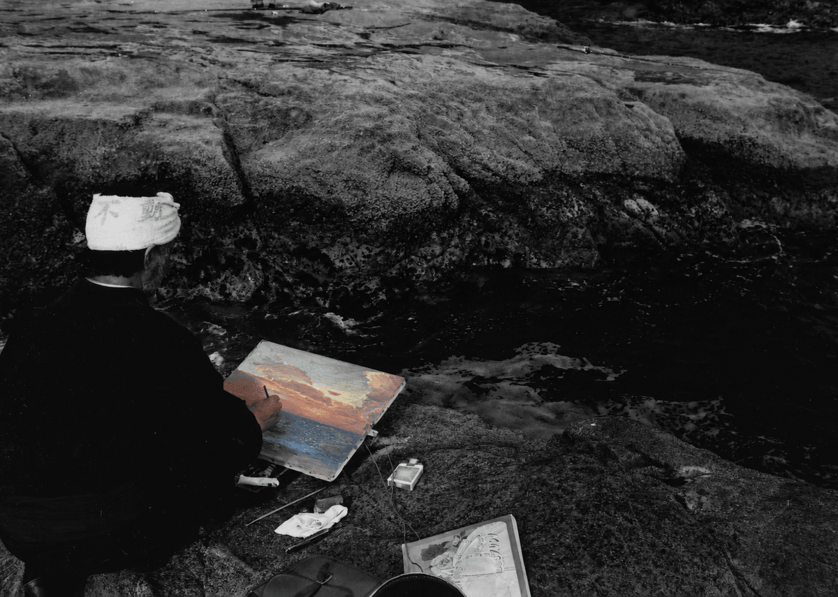 Hanasennin painting on the rocky shore of Enoshima, drawing on the oil painting techniques he learned from Takeji Fujishima.