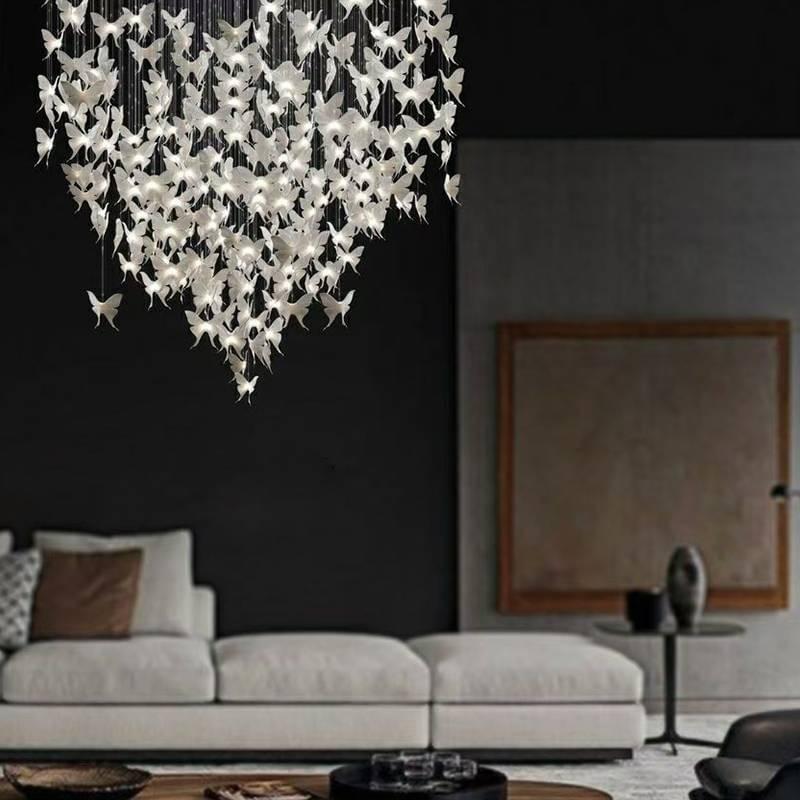 Artistic ceramic butterfly chandelier illuminating a cozy living room interior