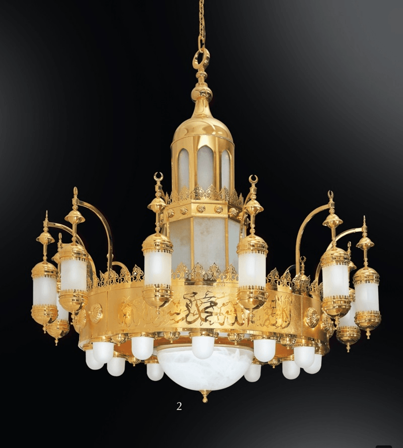 Traditional mosque chandelier with gold accents for prayer hall lighting