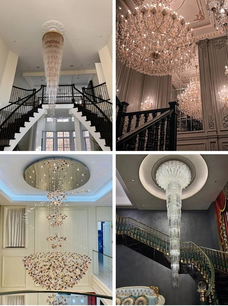Luxury staircase chandelier installed in modern home interior