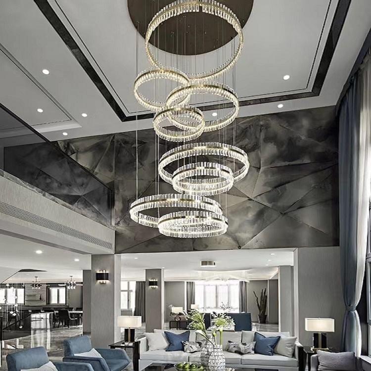 LED circle chandelier ideal for modern staircase and living room lighting.