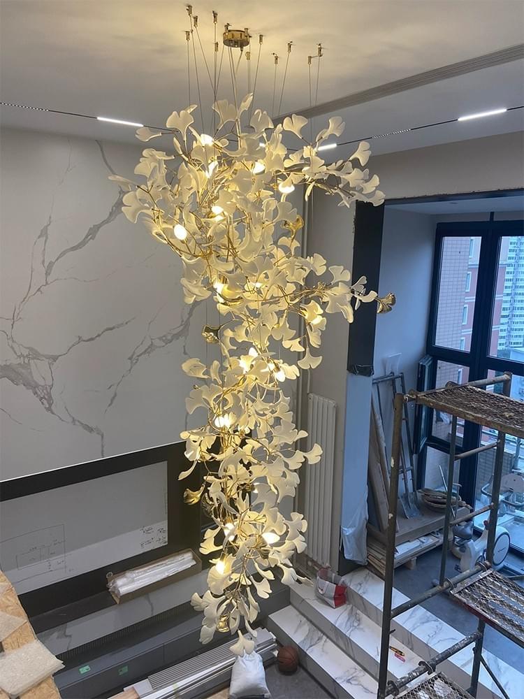 Luxury Custom Ceramic Ginkgo Leaf Chandelier for Stairwell