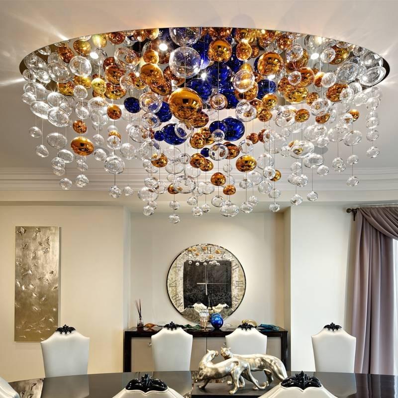 Detail of hand-blown glass chandelier with gold finish