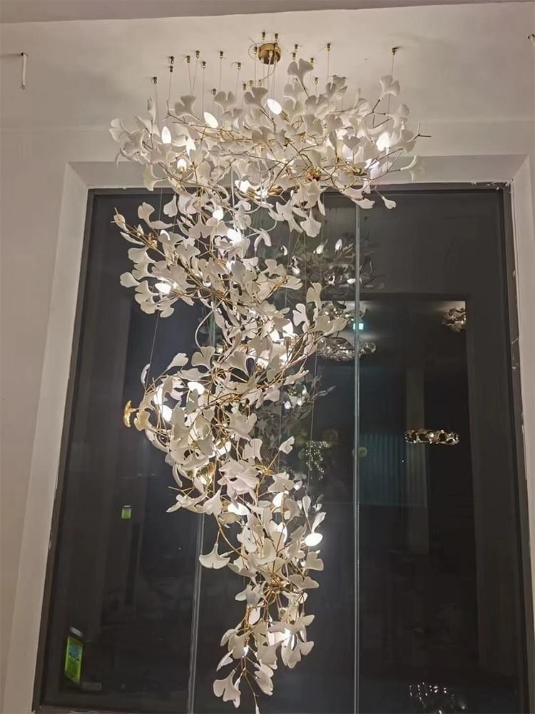 Luxury Custom Ceramic Ginkgo Leaf Chandelier for Stairwell
