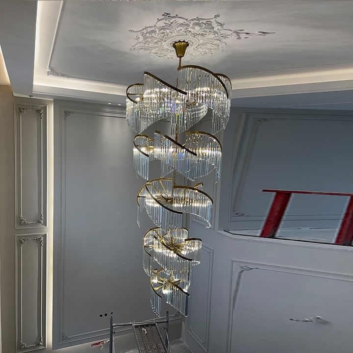 Custom Chrome Double Spiral Crystal Staircase Chandelier