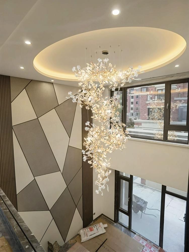 Luxury Custom Ceramic Ginkgo Leaf Chandelier for Stairwell