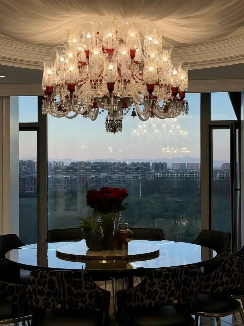 24-Light Red Baccarat-Style Glass Shade Chandelier