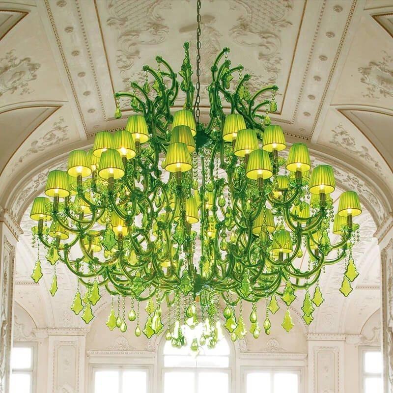 49-light Maria Theresa chandelier with luxurious green crystal accents for hotel lobby
