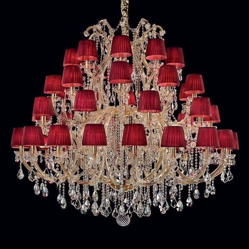 Vintage-style 50-light Maria Theresa chandelier with elegant red lampshades