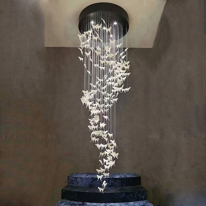 Long spiral artistic ceramic butterfly chandelier for duplex ceiling stairwell