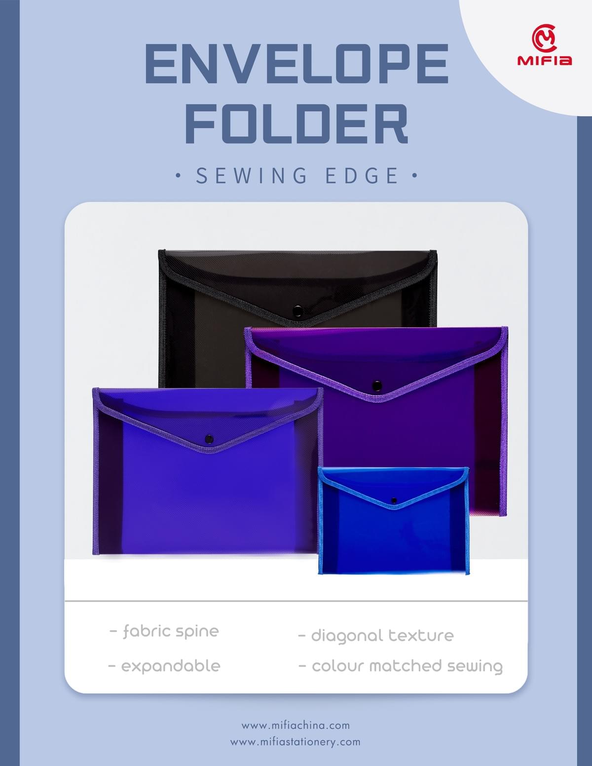 MFO-1016 Set of PP Envelope Folders with Sewing Edge & Diagonal Texture Line | MIFIA Stationery