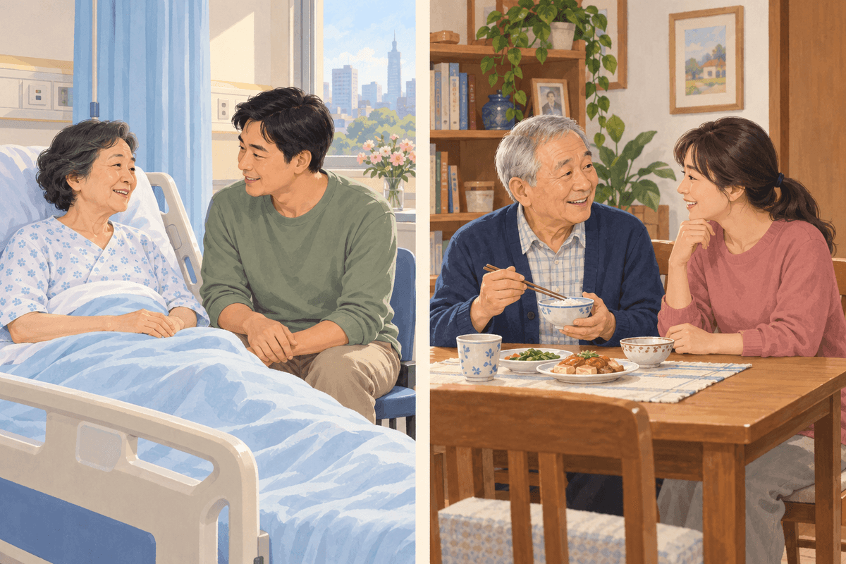 左側為病房床邊陪伴,右側為家中用餐陪伴,對照兩種生活照顧環境的插畫