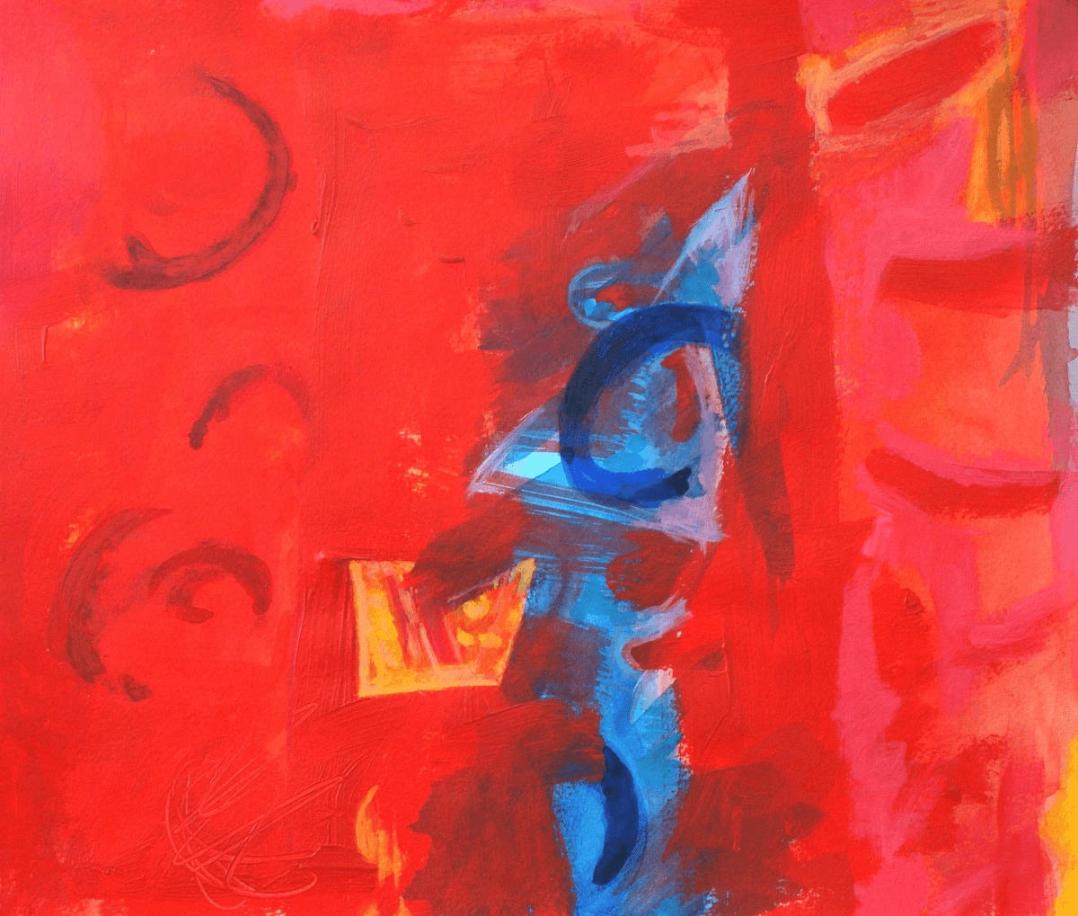 An abstract image of vivid red brush strokes in the background with bright blue triangular shaps painted on top and a yellow/orange rectangle An abstract image of vivid red brush strokes in the background with bright blue triangular shaps painted on top and a yellow/orange rectangle