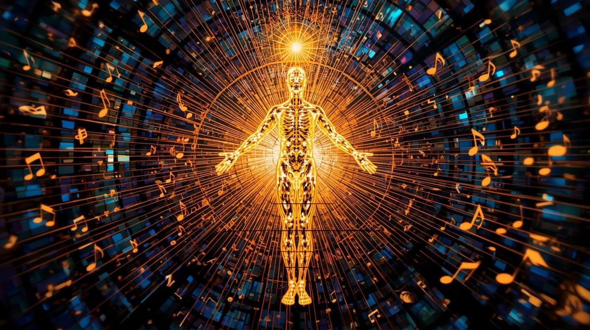 Illustration of the human body as a divine instrument with energy meridians