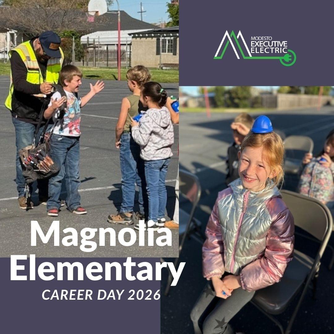 Modesto Executive Electric electrician speaking with 2nd grade students at Magnolia Elementary School Career Day 2026 in Oakdale, California