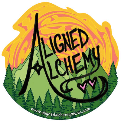 Aligned Alchemy sticker design with forest and trippy sky