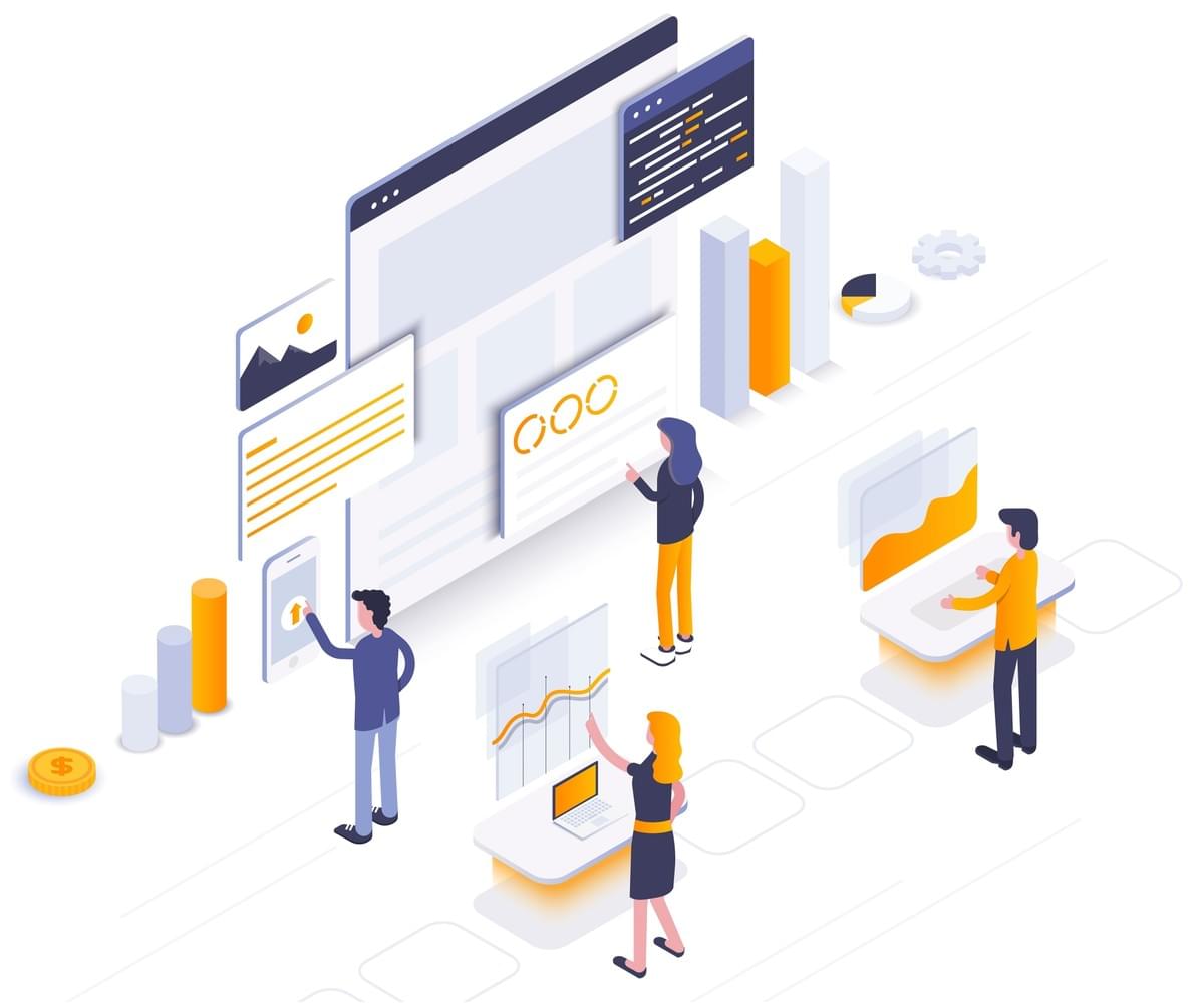 Graphic illustration of startups and corporations working together.