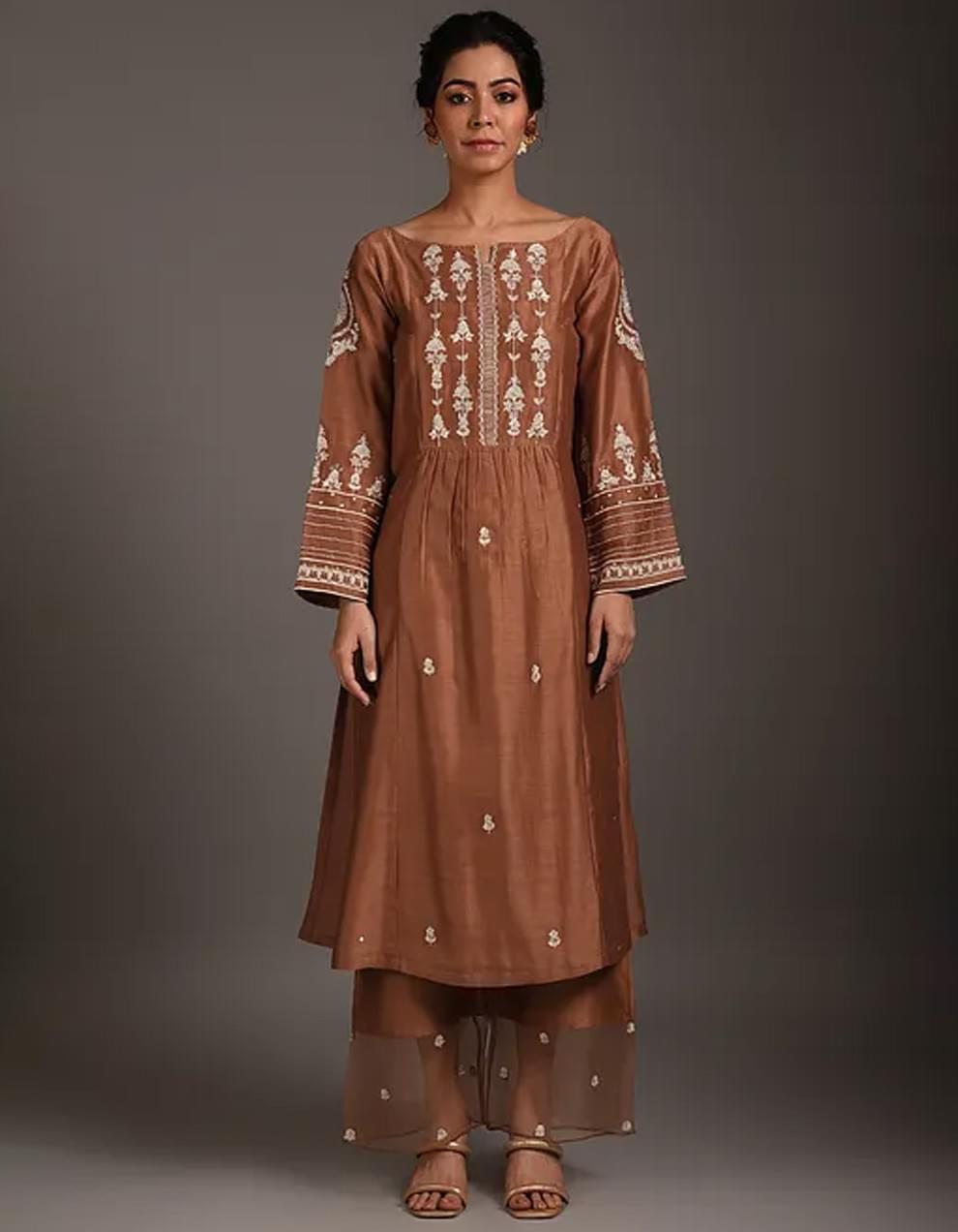 Elegant Chanderi silk with golden butta kurti and elbow puff sleeves main image 1