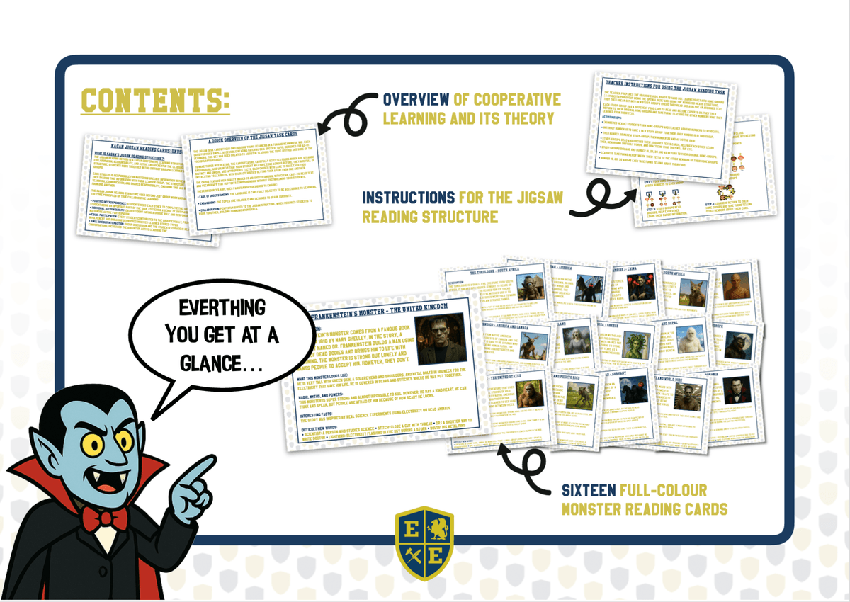 Halloween Monster Jigsaw Reading Activity - Cooperative Learning Task Cards and Activity