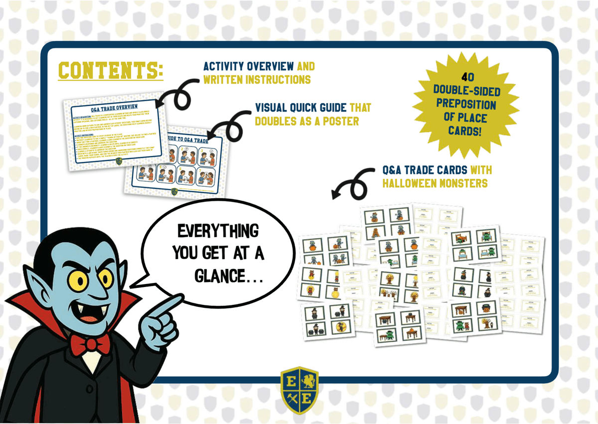 HalloweeN Prepositions of Place - Q&A Trade Cards - Whole Class Mingle Activity