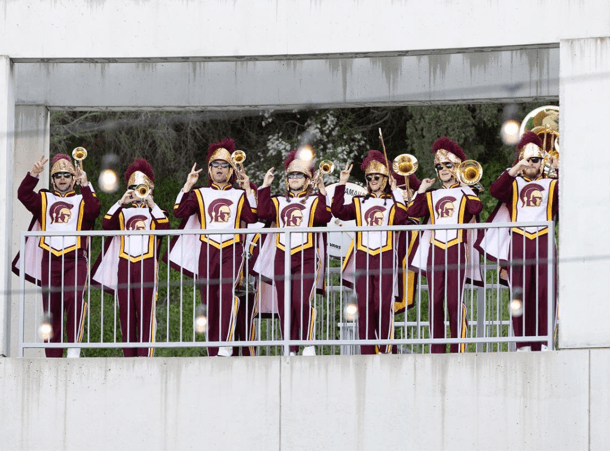USC Marching band performing for a corporate event at Skirball Cultural Center