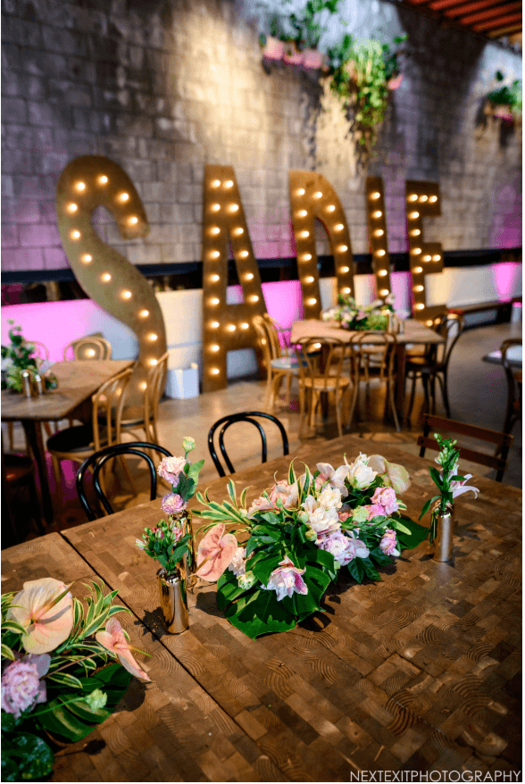 Large marquee light up letters spelling SADIE at a bat mitzvah