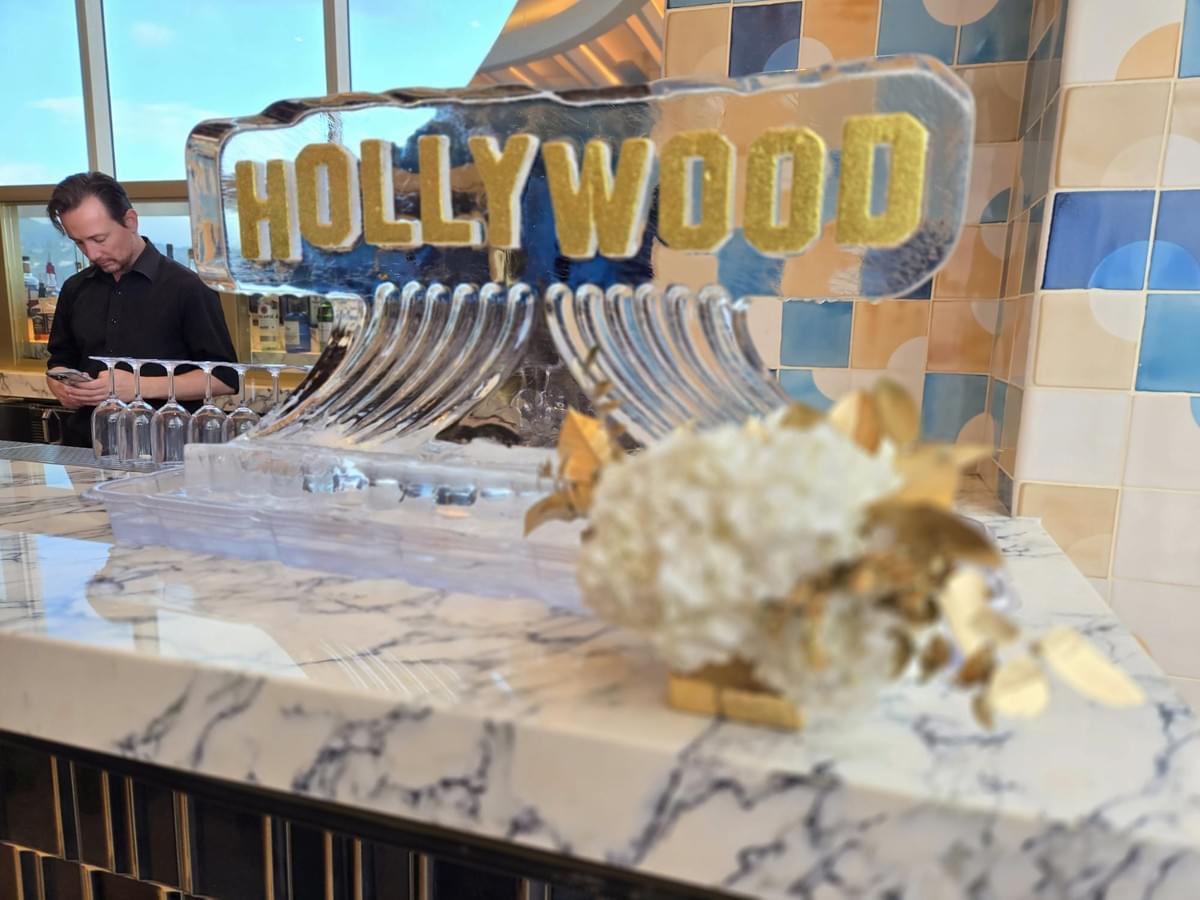 Hollywood ice display for corporate function, white and gold