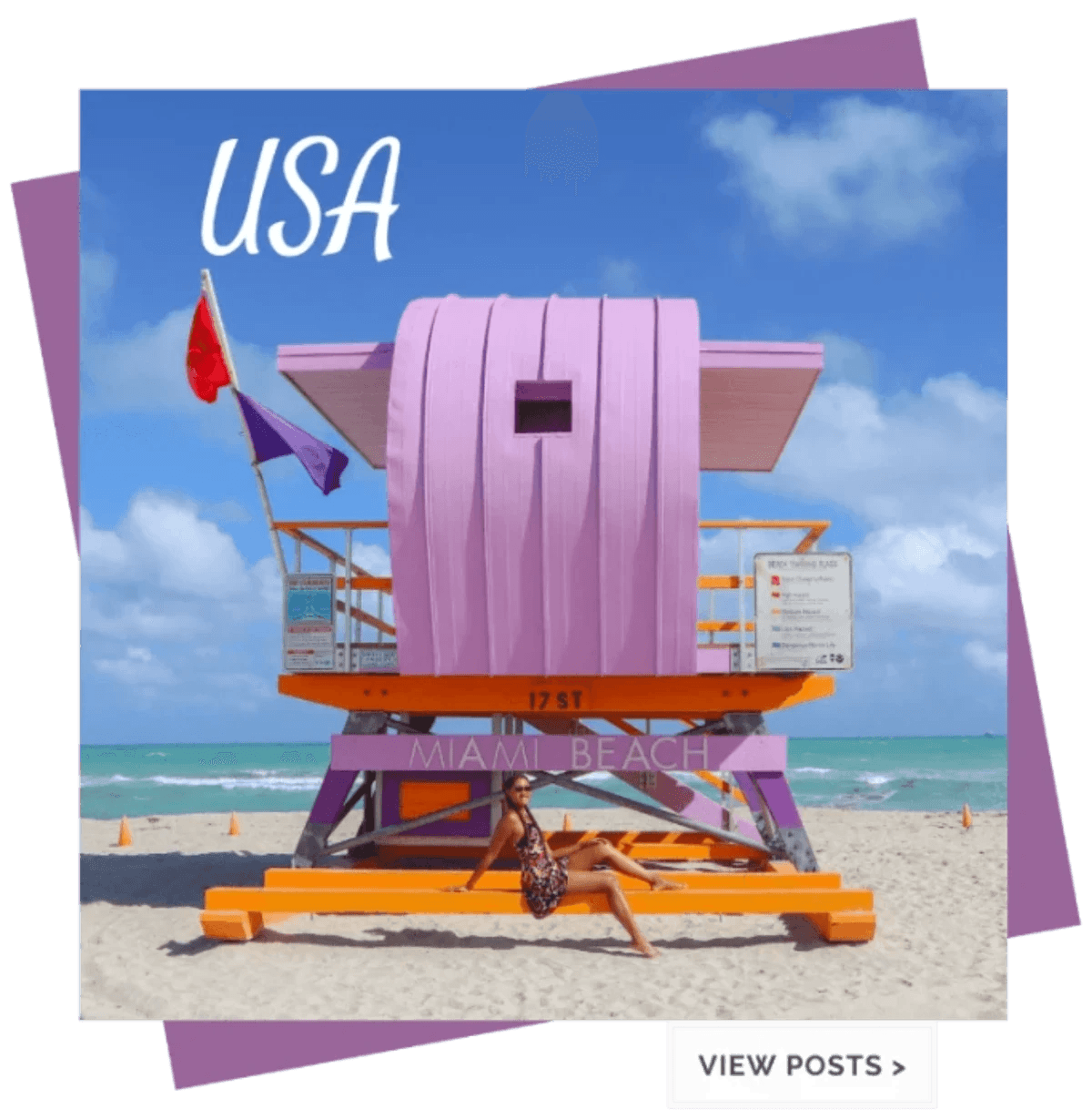 USA - Cultures Uncovered black girl sitting on purple lifeguard stand in miami beach florida