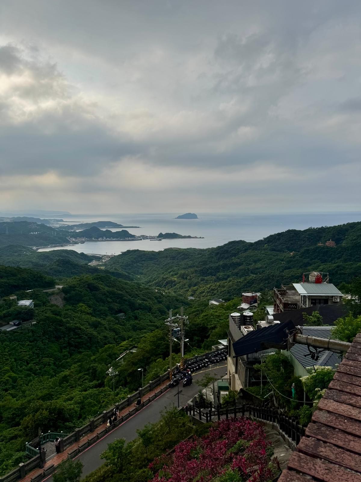 Jiufen Old Street view of the lush green mountain and ocean and islands