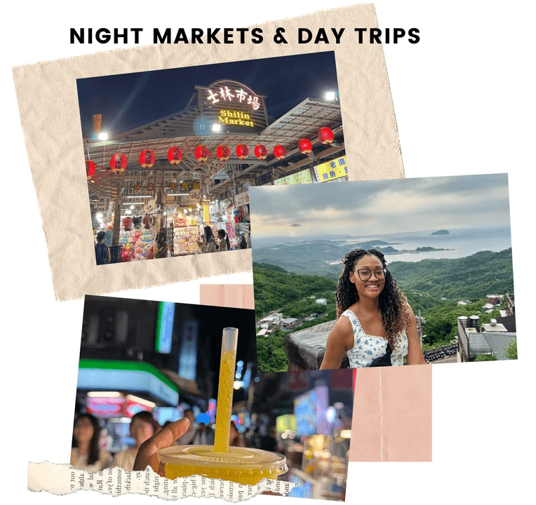 CulturesUncovered Brit Thompson night market mango slushy smoothie, shilin market sign, view from top of Juifen Old Street
