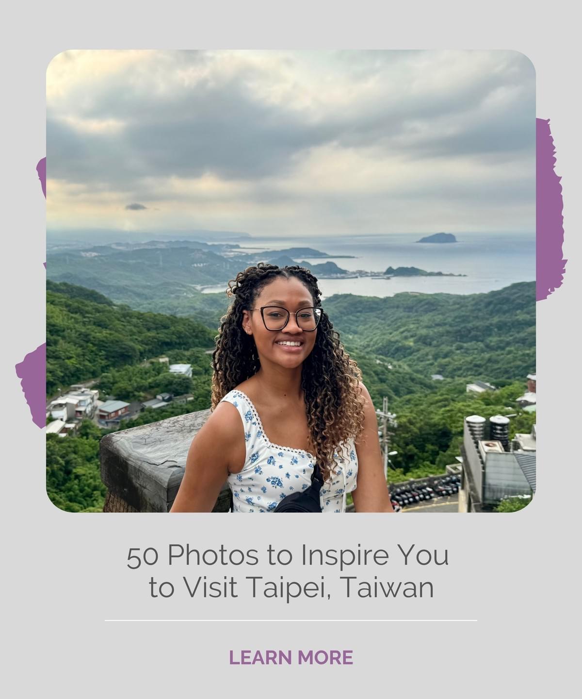 Taipei Taiwan - Cultures Uncovered Smiling Black girl sitting in front of a high view of the island and ocean from Jiufen Old Street