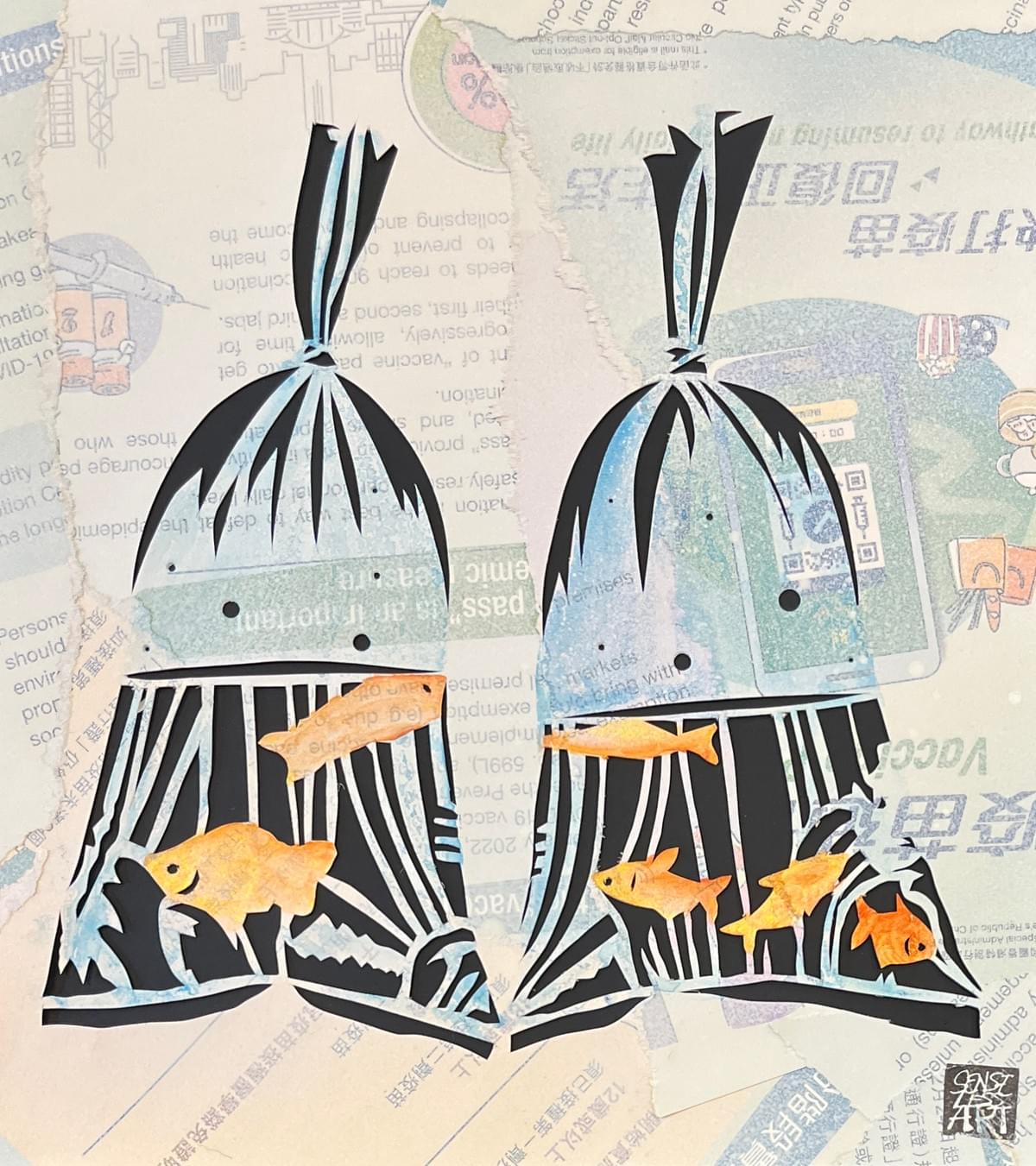 Original intricate papercut art by Rachel Smith of Senselessart depicting a colourful fish in plastic bags