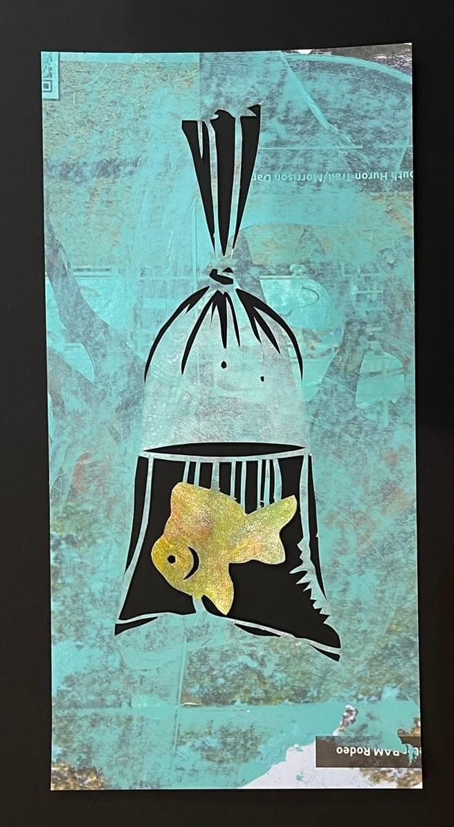 Original intricate papercut art by Rachel Smith of Senselessart depicting a goldfish in a bag