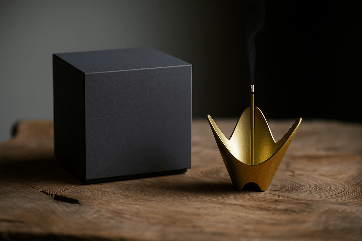 Pair of brass incense holders styled with organic materials — timeless and tactile.